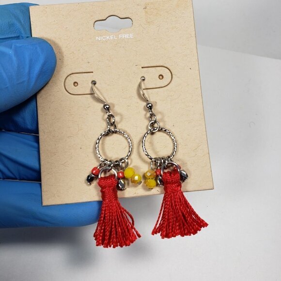 Silver tone Hoop Red Tassel Beaded  Drop Dangle Earrings - Picture 6 of 6
